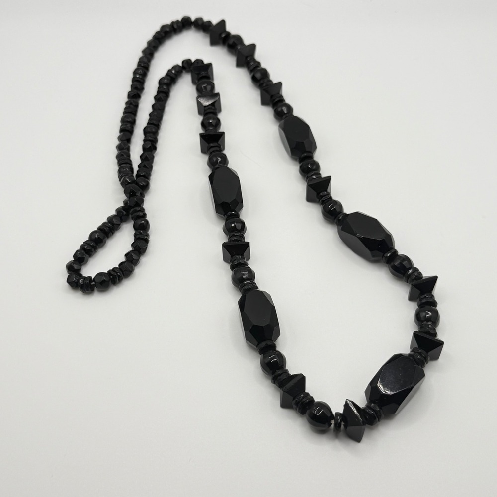 Vintage Black Faceted Glass Bead Necklace Geometric Art Deco Style 22‎ Inch